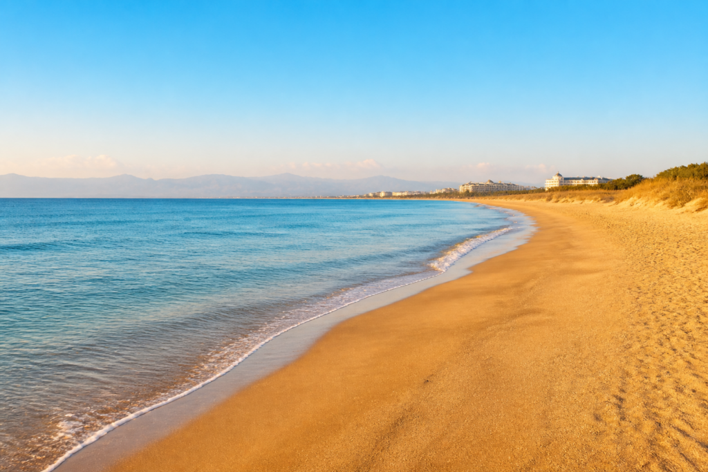 Песчаный берег и бирюзовое море пляжа Лара в районе Кунду, Анталья