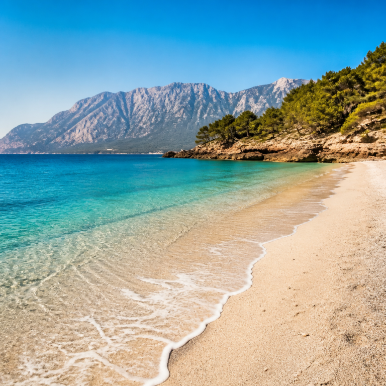 Пляж Антальи с бирюзовым морем, песчаным берегом и горами