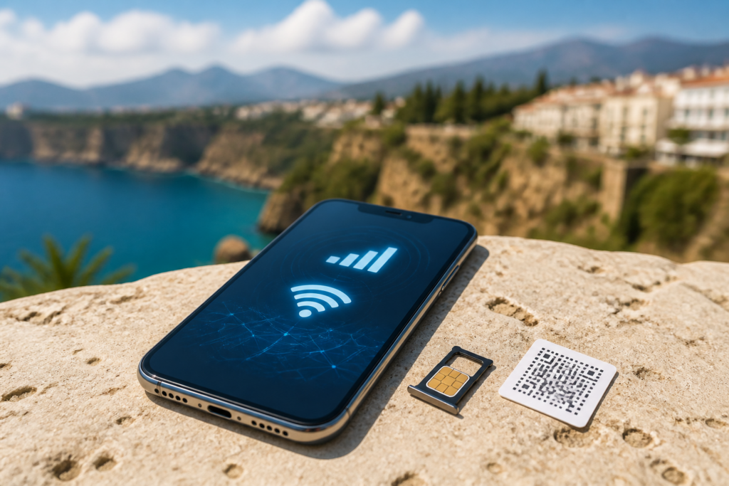 Смартфон с обозначениями мобильной связи и Wi‑Fi, SIM-картой и абстрактным eSIM-кодом на фоне побережья Антальи